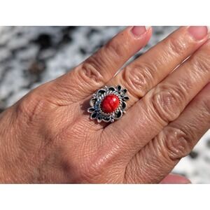 Navajo Red Spiny Oyster Stone Ring Handcrafted Native Am Jewelry Size 7.5US**